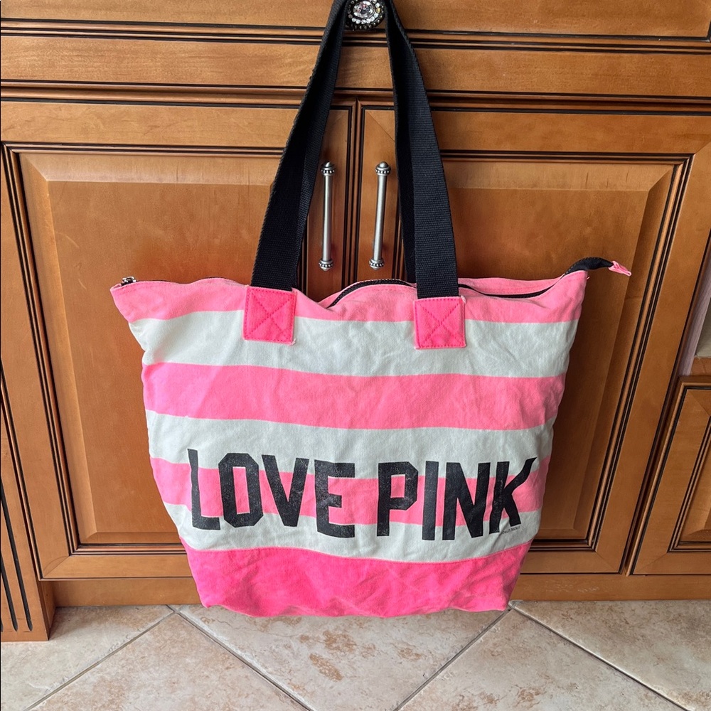 PINK Victoria's Secret Love Pink Tote - Pink and White Stripes Black Handels